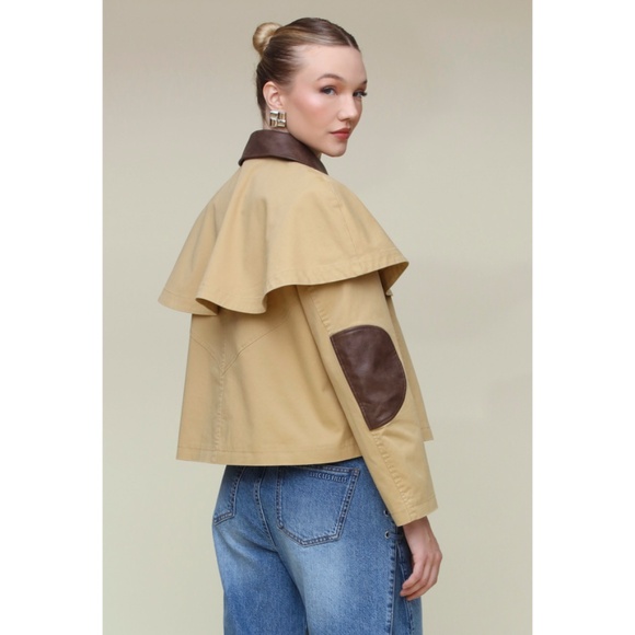 Last Chance! New Avec Les Filles Cotton Cape Faux Leather Trim Jacket Khaki - Picture 6 of 7